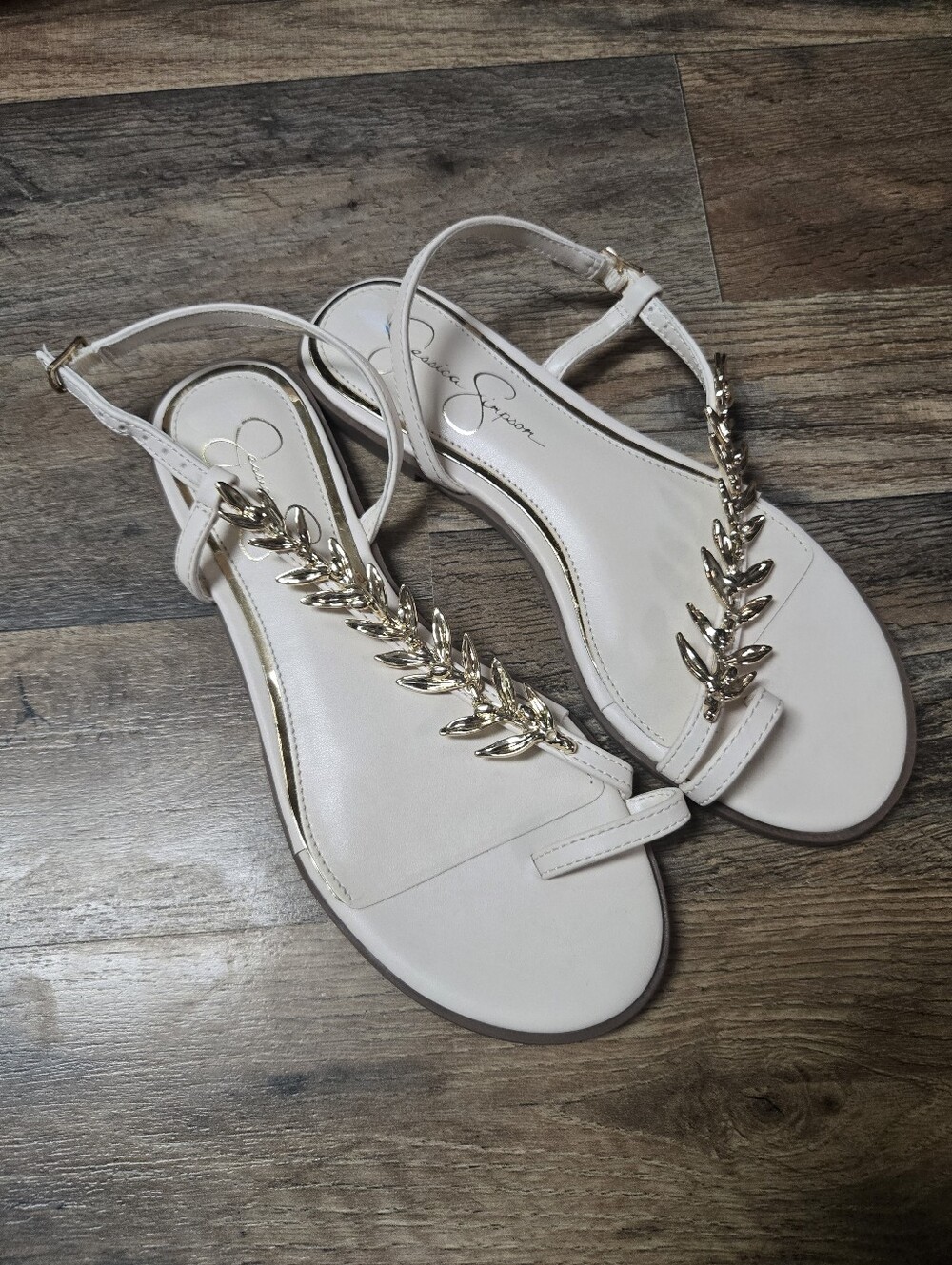Jessica Simpson Ivory Sandals with Gold Leaf Accents